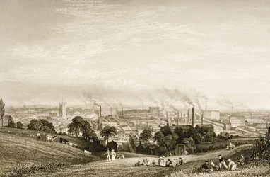 Stockport, Lancashire, pamutgyárakat ábrázoló általános látképe, kiadta J.C. Varrall (1815-27) 1830-as évek